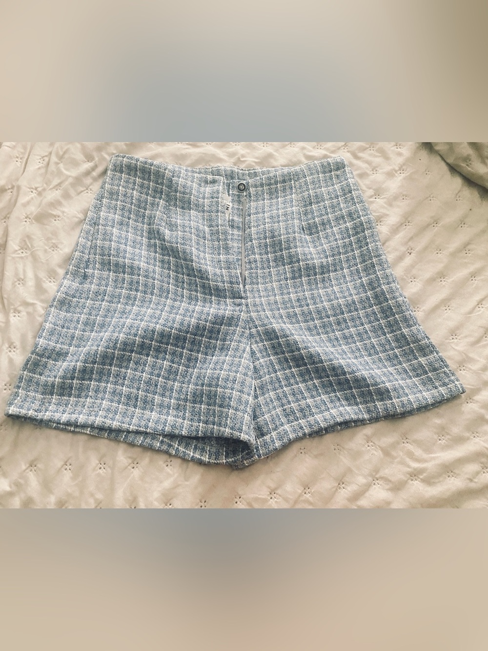 SHEIN Light Blue Plaid Tweed Women's Shorts